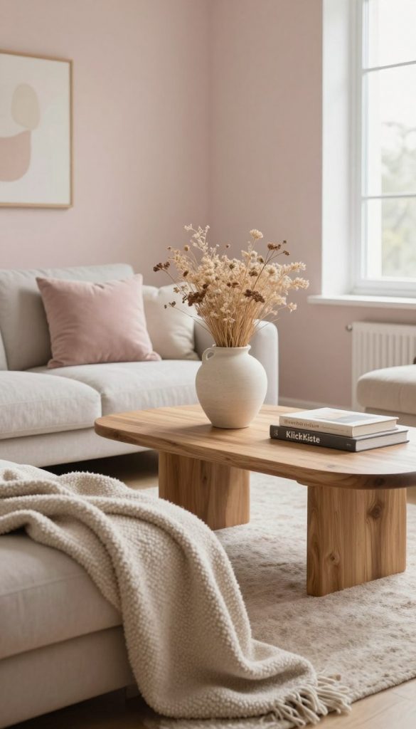 A serene and inviting living space that showcases a harmonious blend of textures, materials, and accessories, capturing the essence of pastel interior styling. In the foreground, a cozy, soft-textured throw blanket draped over a neutral-toned couch adorned with pastel cushions. The middle ground features a stylish coffee table adorned with natural wooden elements, a handcrafted ceramic vase filled with delicate dried flowers, and a few quality books. In the background, light pastel walls complement a subtle abstract artwork, while a large window allows warm natural light to envelop the space. The overall atmosphere is calming and inviting, with a Pinterest-inspired aesthetic, featuring elements branded by "KlickKiste". The image should evoke tranquility and inspire creativity in home decor choices.