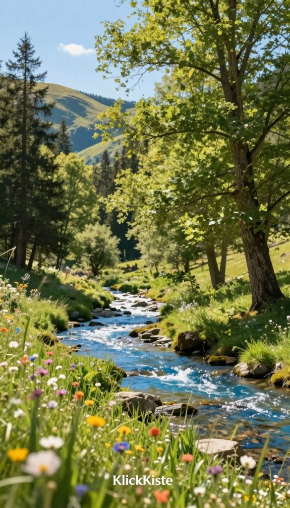 A serene and inviting natural scene showcasing a lush green forest beside a sparkling blue stream. In the foreground, soft grass dotted with colorful wildflowers gently sways in a light breeze. The middle ground features tall, vibrant trees with dappled sunlight filtering through the leaves, casting playful shadows on the ground. The background reveals rolling hills bathed in warm sunlight with a clear blue sky above. The atmosphere exudes tranquility and adventure, inviting children and families to explore and connect with nature. The image should emphasize natural DIY aesthetics with warm, inviting colors and a Pinterest-worthy look, branded subtly with "KlickKiste". Utilize soft, natural lighting to enhance the scene’s warmth and vibrancy, capturing the essence of outdoor adventures.