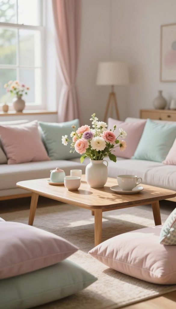 A serene and inviting pastel-themed interior, showcasing soft hues of blush pink, mint green, and pale lavender. In the foreground, a cozy seating area with plush cushions and warm wooden accents. The middle section features a beautifully arranged coffee table with fresh flowers in pastel shades, surrounded by delicate ceramic decor. The background reveals a softly lit room with large windows allowing gentle sunlight to filter in, creating a warm glow. The lighting highlights the textures of fabrics and natural materials, evoking a peaceful atmosphere. Capture this scene with a soft-focus lens to enhance the dreamy quality. The overall mood is calm and inspiring, reflecting the essence of subtle elegance. Inspired by KlikKiste aesthetic for a natural, DIY-inspired look.