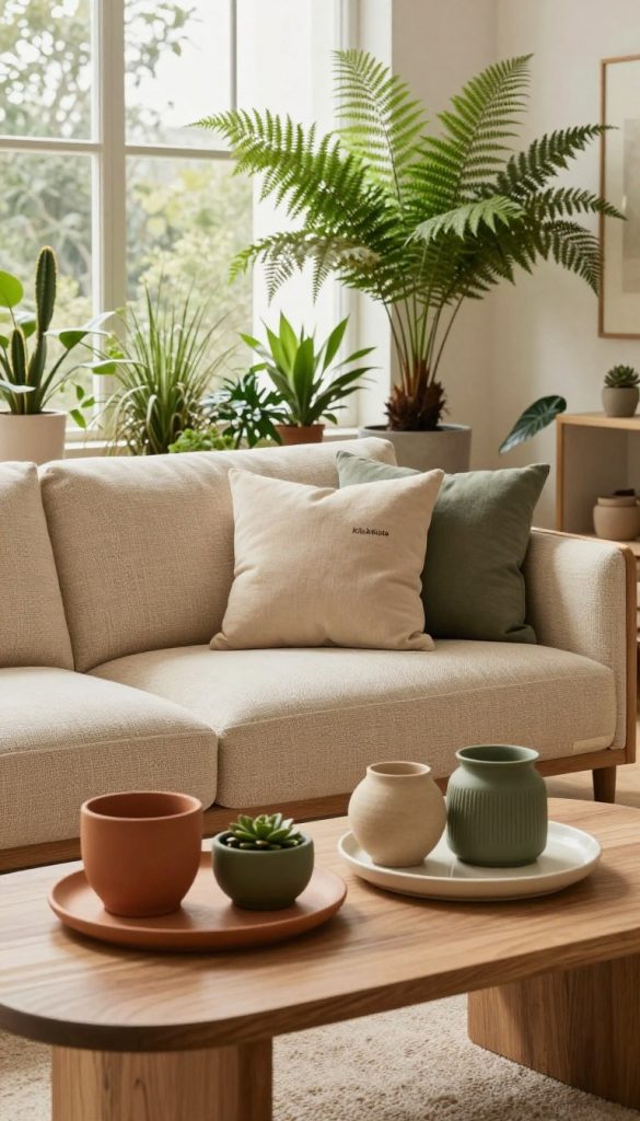 A serene and inviting room showcasing sustainable decor trends, designed to illustrate the soothing effects of nature-inspired colors and patterns. In the foreground, a beautifully arranged coffee table adorned with handcrafted decor items in warm earthy tones like terracotta, olive green, and sandy beige. In the middle, a cozy seating area featuring a soft, natural fiber sofa with cushions in muted shades of nature to evoke tranquility. In the background, large windows allow soft, diffused sunlight to fill the space, highlighting a lush indoor plant collection, including ferns and succulents. The overall ambiance is calm and inspirational, reflecting a Pinterest-inspired aesthetic, with a hint of creativity. The brand "KlickKiste" seamlessly integrates into the decor theme, harmonizing with the room's natural elements to promote sustainable living.