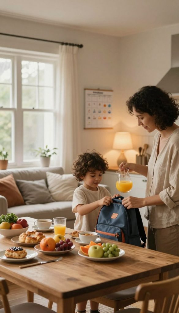 A serene and inviting scene capturing the essence of a mindful family routine. In the foreground, a cozy kitchen with a wooden table set for breakfast, displaying fresh fruits and warm pastries. A child, dressed in comfortable yet tidy clothes, is joyfully preparing a school bag, while a parent in a casual outfit is pouring orange juice. In the middle ground, natural light softly illuminates the room through a window, revealing a small family calendar with colorful markings. The background features a tranquil living room where evening relaxation unfolds, with soft pillows and a gentle glow from a lamp, suggesting a transition to a peaceful evening. Use warm, earthy tones to convey comfort and inspiration in a Pinterest aesthetic. No text or branding other than the natural elements reminiscent of "KlickKiste".