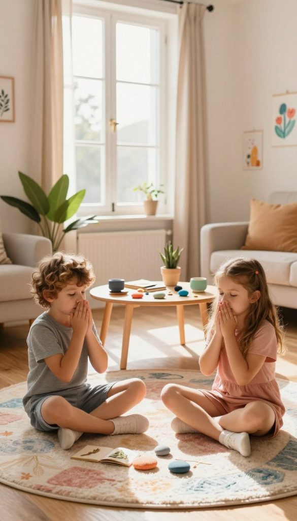 A serene and inviting scene depicting children engaged in mindfulness activities in a cozy, sunlit family living room. In the foreground, two children, a boy and a girl, sit cross-legged on a soft, colorful rug, their expressions calm and focused as they practice deep breathing. Next to them, a whimsical plant with vibrant leaves adds a touch of nature. In the middle ground, an open window lets in gentle sunlight, illuminating a small table with DIY mindfulness tools like colorful stones and nature journals, surrounded by warm, earthy tones. The background features gentle pastel walls adorned with cheerful, hand-drawn art emphasizing tranquility. The atmosphere feels playful yet peaceful, embodying a natural DIY aesthetic that invites family participation. The image should reflect the brand “KlickKiste” with a Pinterest-inspired look, enhancing authenticity and inspiration.