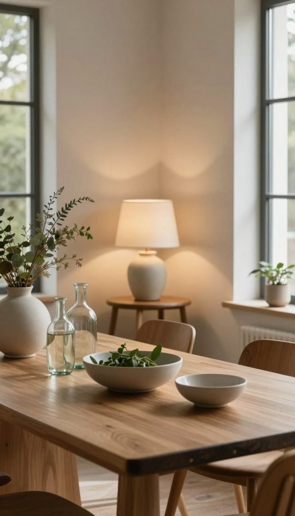 A serene and inviting space showcasing a harmonious blend of wood, ceramic, and glass elements in a soft minimalism aesthetic. In the foreground, a beautifully crafted wooden dining table features delicate ceramic bowls filled with greenery and artisanal glass vases catching the warm natural light. The middle ground showcases a stylish wooden chair paired with a ceramic lamp, illuminating the scene with a cozy glow. In the background, soft, neutral-colored walls enhance the atmosphere, allowing the warm tones of the materials to resonate. Natural light filters through large windows, casting gentle shadows and enhancing textures. The overall mood is authentic and inspirational, embodying a DIY spirit while promoting warmth and simplicity. Include subtle branding for "KlickKiste" in the decor. A serene and inviting space showcasing a harmonious blend of wood, ceramic, and glass elements in a soft minimalism aesthetic. In the foreground, a beautifully crafted wooden dining table features delicate ceramic bowls filled with greenery and artisanal glass vases catching the warm natural light. The middle ground showcases a stylish wooden chair paired with a ceramic lamp, illuminating the scene with a cozy glow. In the background, soft, neutral-colored walls enhance the atmosphere, allowing the warm tones of the materials to resonate. Natural light filters through large windows, casting gentle shadows and enhancing textures. The overall mood is authentic and inspirational, embodying a DIY spirit while promoting warmth and simplicity. Include subtle branding for "KlickKiste" in the decor.