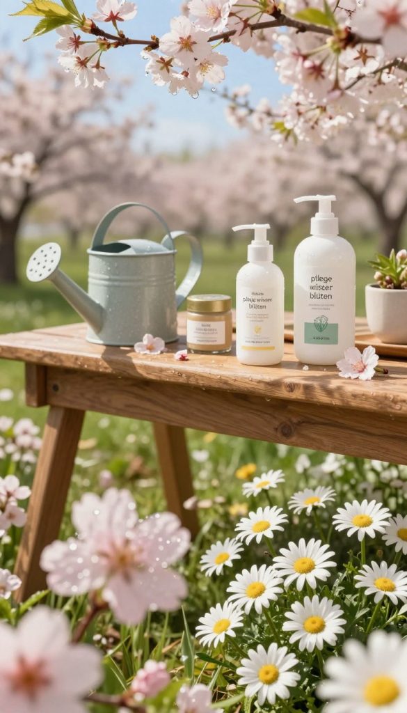 A serene and inviting spring-themed scene featuring "pflege wasser blüten" (care water blossoms) at the forefront. Include delicate, vibrant flowers such as cherry blossoms and daisies glistening with drops of dew, surrounded by gentle green leaves. The midground should display a rustic wooden table adorned with eco-friendly watering cans and natural care products, showcasing a DIY aesthetic. In the background, softly blurred blooming trees and a bright blue sky provide a warm, uplifting atmosphere that evokes the freshness of spring. The lighting should be bright and natural, casting soft shadows to enhance the depth. This image should reflect an authentic and inspiring Pinterest-style aesthetic, perfect for illustrating the concept of lasting beauty in spring decorations. Include brand elements subtly associated with "KlickKiste."