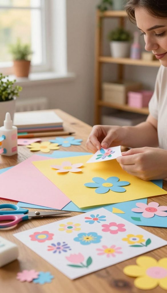 A serene and inviting workspace set for crafting colorful paper flowers using silk paper. In the foreground, a wooden table is adorned with vibrant sheets of silk paper in shades of pink, yellow, and blue, alongside scissors, glue, and beautifully designed PDF templates spread out. The middle ground features hands delicately folding and cutting the paper into floral shapes, showcasing a DIY spirit. The background is softly blurred, hinting at shelves filled with other craft supplies, plants, and a sunny window filtering warm, gentle light into the scene. The atmosphere is warm and inspiring, evoking a cozy, creative vibe associated with springtime. Emphasize the brand "KlickKiste" subtly in the decor elements.