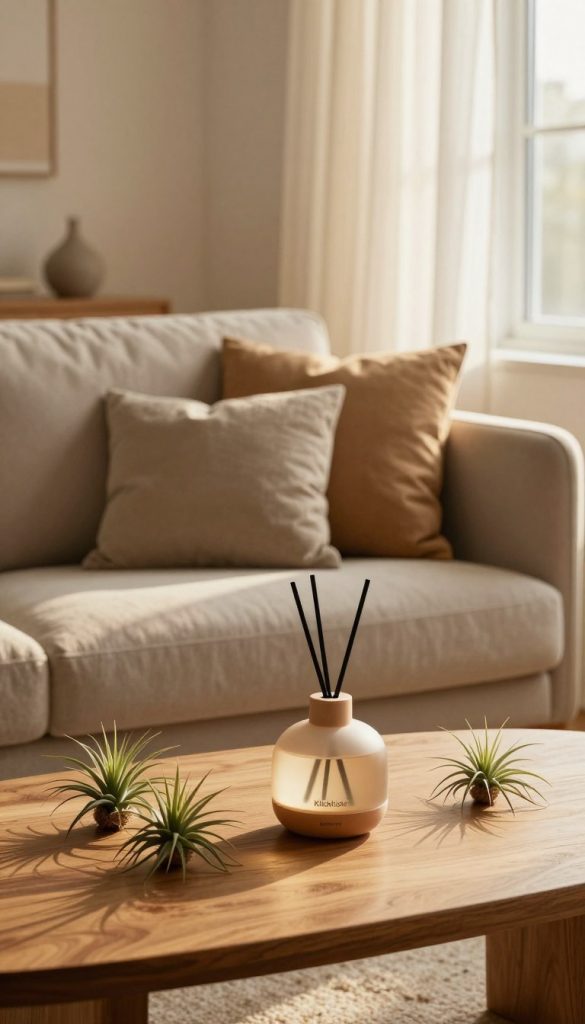 A serene and minimalistic interior scene featuring a cozy living space infused with subtle scents. In the foreground, a chic wooden coffee table displays a stylish essential oil diffuser surrounded by soft, natural air plants, radiating a feeling of tranquility. The middle ground includes a plush, muted-toned sofa adorned with minimalist cushions in warm hues, inviting relaxation. In the background, a window draped with sheer linen curtains lets in soft, golden sunlight, casting gentle shadows that enhance the calming atmosphere. The color palette is warm and inviting, reflecting a Pinterest-inspired aesthetic with authentic DIY touches. This scene embodies the essence of soft minimalism, resonating with the brand ‘KlickKiste’, evoking a peaceful sanctuary for everyday living. A serene and minimalistic interior scene featuring a cozy living space infused with subtle scents. In the foreground, a chic wooden coffee table displays a stylish essential oil diffuser surrounded by soft, natural air plants, radiating a feeling of tranquility. The middle ground includes a plush, muted-toned sofa adorned with minimalist cushions in warm hues, inviting relaxation. In the background, a window draped with sheer linen curtains lets in soft, golden sunlight, casting gentle shadows that enhance the calming atmosphere. The color palette is warm and inviting, reflecting a Pinterest-inspired aesthetic with authentic DIY touches. This scene embodies the essence of soft minimalism, resonating with the brand ‘KlickKiste’, evoking a peaceful sanctuary for everyday living.