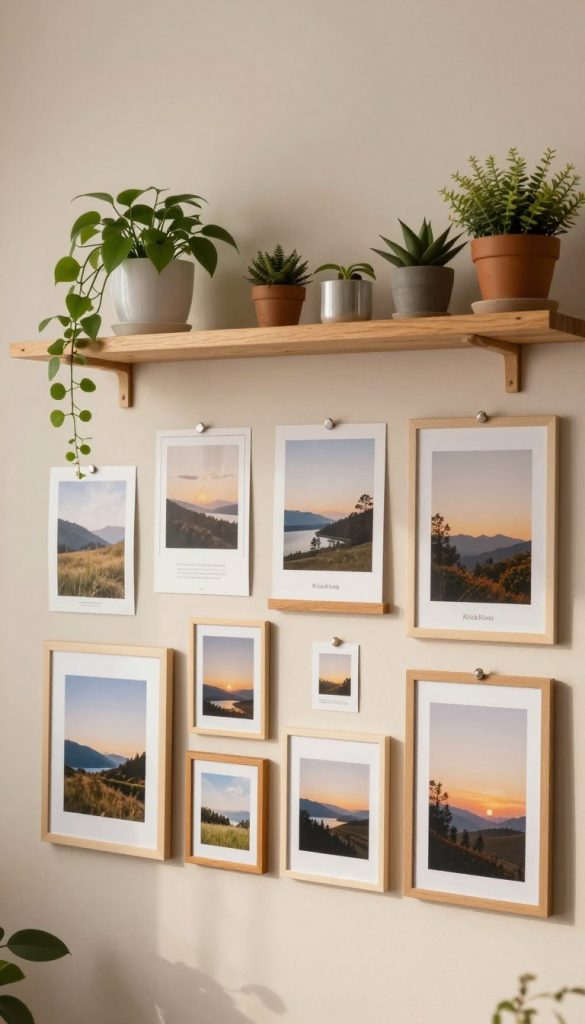 A serene and organized "bilderwand" featuring a variety of natural DIY photographs with warm colors, creating a cohesive Pinterest-inspired look. In the foreground, arrange a selection of framed pictures in diverse sizes and formats, displaying calm landscapes and artistic miniatures that evoke inspiration. The middle ground showcases a minimalist wooden shelf adorned with potted plants, adding a touch of greenery. The background should feature a softly painted wall in neutral tones, enhancing the tranquil atmosphere. Use soft, diffused lighting to create a warm ambiance, as if lit by natural sunlight. Capture this scene from a slightly angled perspective, focusing on the inviting beauty of personal creativity. Incorporate the brand name "KlickKiste" subtly within the image, maintaining a professional and aesthetically pleasing composition.