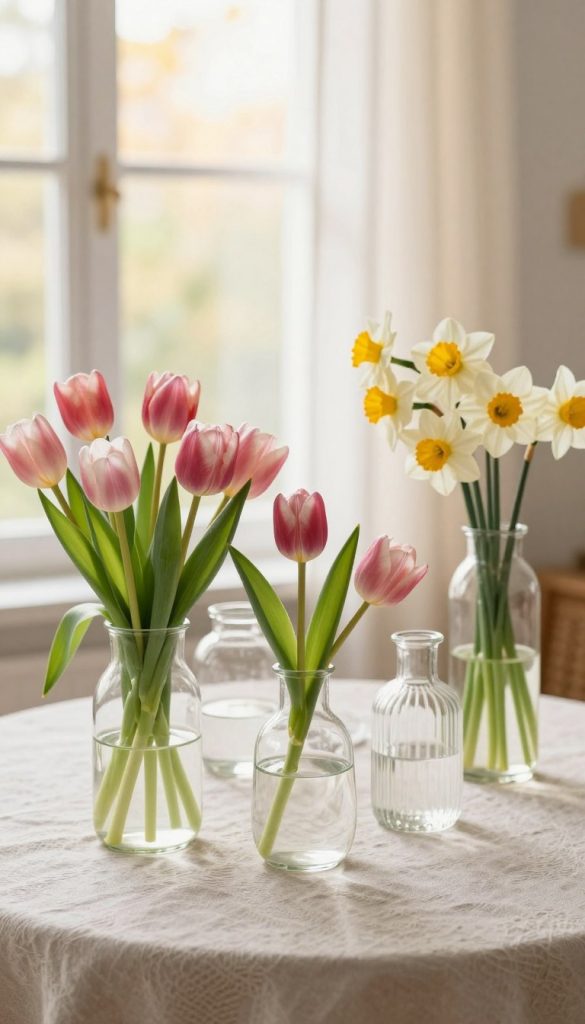 A serene and stylish arrangement of tulips and daffodils in elegant glass vases, placed on a softly textured light-colored tablecloth. The foreground showcases the vibrant flowers, capturing their delicate petals with intricate detail, while the middle features a beautifully curated selection of various vases, reflecting a balance of modern and rustic styles. In the background, a softly blurred window reveals gentle spring light filtering through sheer curtains, creating a warm glow and enhancing the freshness of the scene. The atmosphere is inviting and inspirational, embodying a natural DIY aesthetic with warm tones. The composition reflects a Pinterest-worthy setting that conveys a sense of light and joy, designed by KlickKiste.