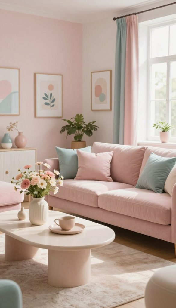 A serene and stylish interior showcasing a harmonious pastel color palette, featuring soft pinks, gentle blues, and muted greens. In the foreground, a beautifully arranged coffee table with a delicate vase of flowers and subtle decorative items evokes a cozy atmosphere. The middle of the room is adorned with a plush pastel sofa, complemented by cushions in various shades. A soft rug lays beneath, enhancing the textural balance. The background reveals lightly colored walls adorned with minimalist artwork, creating a warm, inviting vibe reminiscent of a Pinterest-style home. The soft, natural lighting filters through large windows, casting gentle shadows and highlighting the warmth of the space. This ideal depiction of pastel interior styling is inspired by natural DIY aesthetics, exuding authenticity and inspiration. Branding subtly integrated with "KlickKiste" elements in decor.