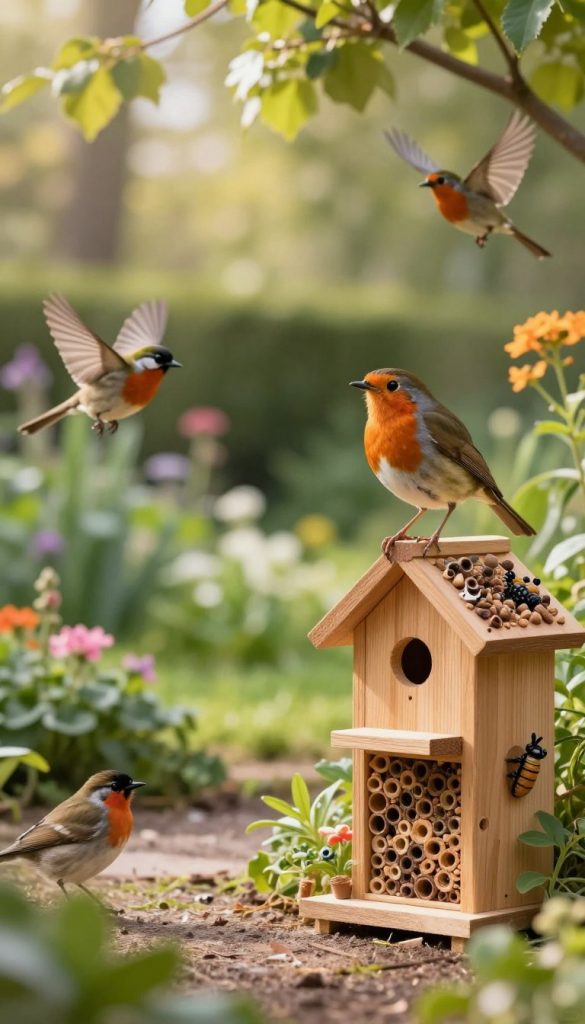 A serene and tranquil garden scene showcasing a variety of colorful birds in their natural habitat, depicting a sense of harmony and connection with nature. In the foreground, a vibrant robin with orange-red breast perched on the edge of an enticing, handmade insect hotel designed creatively with wood and natural materials, symbolizing a welcoming home for beneficial insects. In the middle ground, a gentle blur of lush green plants and blooming flowers enhances the inviting atmosphere, while delicate birds such as finches and sparrows flit about, adding lively movement. The background features soft, warm sunlight filtering through the leaves of tall trees, creating dappled light patterns on the ground. Overall, the image embodies a feeling of warmth and inspiration. Rendered in a realistic style akin to Pinterest aesthetics, evoking a sense of DIY creativity, to resonate with the essence of KlickKiste.