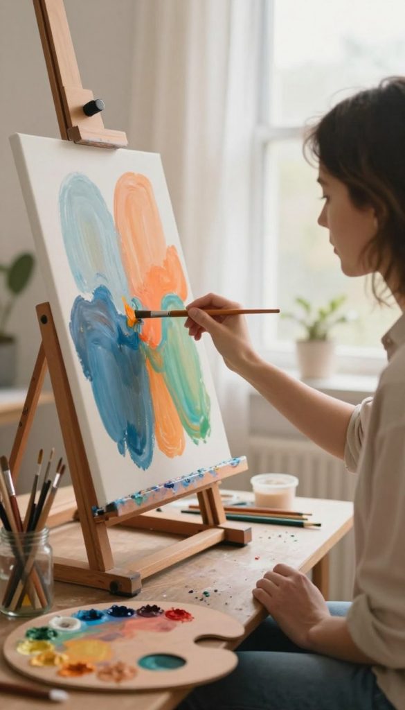 A serene artist's studio in soft, warm colors, featuring an easel with a partially painted abstract canvas in vibrant shades of blue, orange, and green. In the foreground, a palette filled with paint sits alongside brushes in a glass jar, suggesting an active painting session. The middle ground showcases the artist—depicted in modest casual clothing—carefully applying brush strokes, embodying focus and creativity. The background reveals soft, natural light streaming through a large window adorned with sheer curtains, enhancing the cozy atmosphere. The overall feel is authentic and inspiring, echoing a Pinterest aesthetic. Include the subtle brand logo "KlickKiste" integrated into the scene, enhancing the DIY vibe. A serene artist's studio in soft, warm colors, featuring an easel with a partially painted abstract canvas in vibrant shades of blue, orange, and green. In the foreground, a palette filled with paint sits alongside brushes in a glass jar, suggesting an active painting session. The middle ground showcases the artist—depicted in modest casual clothing—carefully applying brush strokes, embodying focus and creativity. The background reveals soft, natural light streaming through a large window adorned with sheer curtains, enhancing the cozy atmosphere. The overall feel is authentic and inspiring, echoing a Pinterest aesthetic. Include the subtle brand logo "KlickKiste" integrated into the scene, enhancing the DIY vibe.