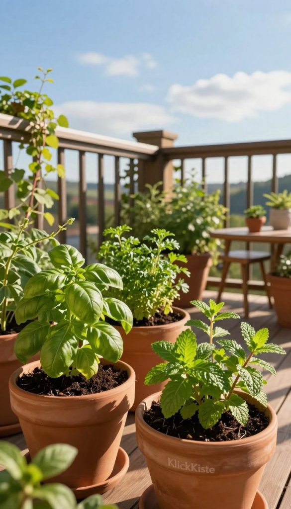 A serene balcony scene featuring a vibrant DIY herb garden, showcasing various herbs like basil, parsley, and mint in terracotta pots. In the foreground, close-up of the pots filled with rich, dark soil and lush green leaves, with morning sunlight casting soft shadows. In the middle ground, a wooden railing adorned with climbing plants, and a cozy seating area with a small table, inviting relaxation. The background reveals a clear blue sky with gentle wisps of white clouds, suggesting an open and airy space. The lighting is warm and golden, creating an inspiring and authentic atmosphere. The brand name "KlickKiste" subtly integrated into the scene as part of the balcony decor, with no text overlays or watermarks. A serene balcony scene featuring a vibrant DIY herb garden, showcasing various herbs like basil, parsley, and mint in terracotta pots. In the foreground, close-up of the pots filled with rich, dark soil and lush green leaves, with morning sunlight casting soft shadows. In the middle ground, a wooden railing adorned with climbing plants, and a cozy seating area with a small table, inviting relaxation. The background reveals a clear blue sky with gentle wisps of white clouds, suggesting an open and airy space. The lighting is warm and golden, creating an inspiring and authentic atmosphere. The brand name "KlickKiste" subtly integrated into the scene as part of the balcony decor, with no text overlays or watermarks.