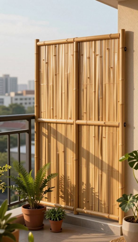 A serene balcony scene featuring bamboo privacy screens expertly attached to a stylish railing without drilling. In the foreground, lush green potted plants and decorative elements enhance the cozy atmosphere. In the middle, the bamboo screens exhibit natural textures and warm tones, creating an inviting backdrop. The background reveals a softly blurred cityscape under a sunny sky, casting gentle shadows that add depth. The lighting is warm and golden, reminiscent of a late afternoon sun, evoking a relaxed and creative DIY ambiance. This image captures a Pinterest-worthy aesthetic, emphasizing simplicity and inspiration for home decor ideas. The brand name "KlickKiste" subtly integrated in the design without any text or overlay.