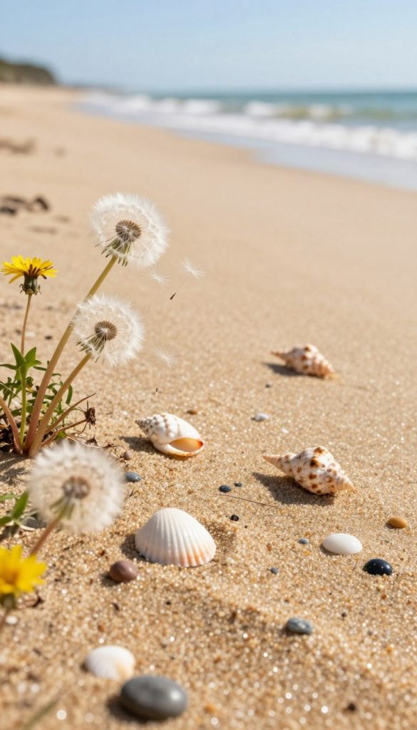 A serene beach scene featuring a close-up of soft, golden sand with grains glistening in the warm sunlight. In the foreground, include delicate wildflowers and dandelions, their fluffy seeds catching the light breeze, creating a sense of movement. The middle ground showcases a few scattered seashells and pebbles, adding texture and interest. In the background, a gentle shoreline can be seen, with soft waves lapping at the sand under a clear blue sky. The image should have a bright, inviting atmosphere reminiscent of summer vacations, embodying a natural and authentic Pinterest aesthetic. Incorporate warm, earthy colors that inspire creativity and evoke a sense of calm. The brand name "KlickKiste" should be subtly integrated into the composition without distracting from the natural beauty of the scene.
