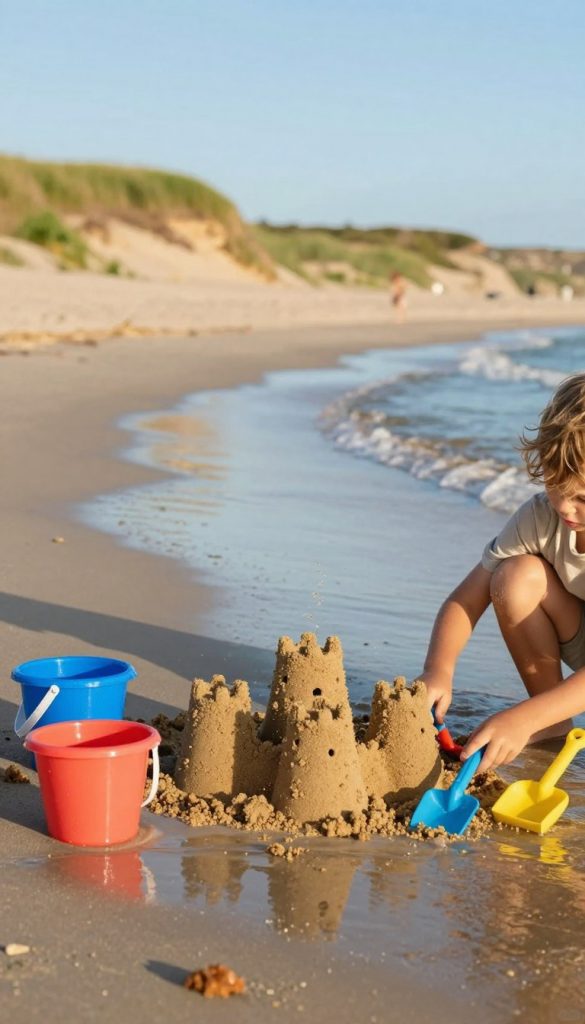 A serene beach scene that captures a child's sensory play experience with water and sand, designed to evoke the senses of touch, sight, and sound. In the foreground, a young child in modest casual clothing plays with vibrant colored buckets and shovels, shaping sandcastles while splashing water. The middle ground showcases gentle waves lapping at the shore, reflecting the warm golden light of the sun, enhancing the mood of joy and exploration. In the background, soft dunes dotted with green grasses under a clear blue sky create a peaceful atmosphere. The image should have a Pinterest-inspired aesthetic with natural colors, emphasizing warmth and authenticity. Include elements reminiscent of "KlickKiste" to inspire creativity and imaginative play. A serene beach scene that captures a child's sensory play experience with water and sand, designed to evoke the senses of touch, sight, and sound. In the foreground, a young child in modest casual clothing plays with vibrant colored buckets and shovels, shaping sandcastles while splashing water. The middle ground showcases gentle waves lapping at the shore, reflecting the warm golden light of the sun, enhancing the mood of joy and exploration. In the background, soft dunes dotted with green grasses under a clear blue sky create a peaceful atmosphere. The image should have a Pinterest-inspired aesthetic with natural colors, emphasizing warmth and authenticity. Include elements reminiscent of "KlickKiste" to inspire creativity and imaginative play.