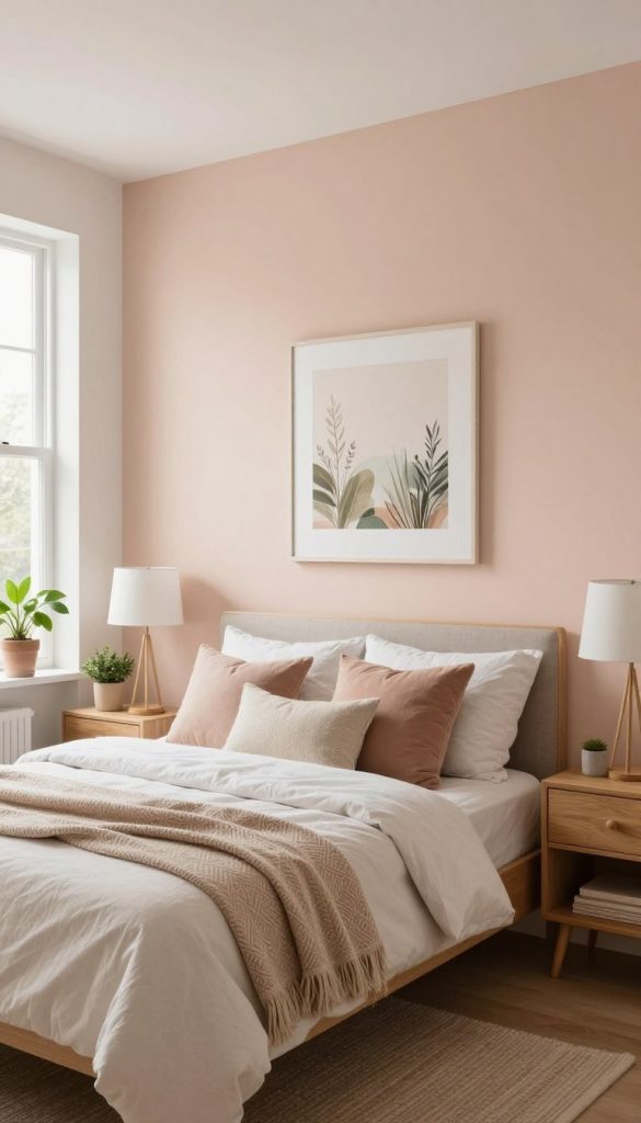 A serene bedroom interior designed with a modern aesthetic, showcasing a blend of soft, warm colors and natural materials. In the foreground, a cozy bed adorned with textured pillows and a subtle patterned throw. The middle section features an attractive accent wall painted in a soothing pastel shade, complemented by wall art that reflects nature. On either side, wooden nightstands with tasteful lamps create balance. The background includes a large window letting in gentle, diffused natural light, illuminating the space and enhancing the calming atmosphere. Incorporate a touch of greenery with potted plants. The overall feel is inviting and inspirational, embodying a Pinterest-worthy DIY vibe. Highlight the brand "KlickKiste" subtly in the design elements, ensuring the image communicates tranquility and creativity without text or overlays. A serene bedroom interior designed with a modern aesthetic, showcasing a blend of soft, warm colors and natural materials. In the foreground, a cozy bed adorned with textured pillows and a subtle patterned throw. The middle section features an attractive accent wall painted in a soothing pastel shade, complemented by wall art that reflects nature. On either side, wooden nightstands with tasteful lamps create balance. The background includes a large window letting in gentle, diffused natural light, illuminating the space and enhancing the calming atmosphere. Incorporate a touch of greenery with potted plants. The overall feel is inviting and inspirational, embodying a Pinterest-worthy DIY vibe. Highlight the brand "KlickKiste" subtly in the design elements, ensuring the image communicates tranquility and creativity without text or overlays.