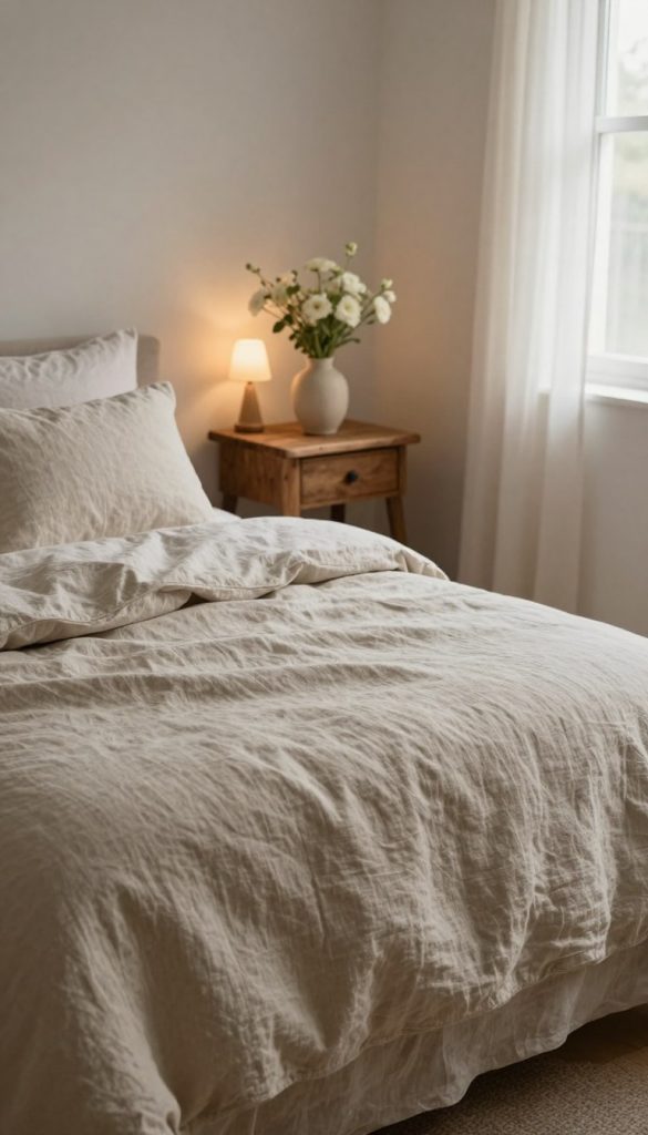 A serene bedroom interior featuring natural linen bedding in soft, muted tones, showcasing a cozy atmosphere. The foreground captures a neatly made bed adorned with textured linen duvet covers and throw pillows, emphasizing the calming impact of the fabric. In the middle, a rustic wooden bedside table holds a vase with fresh flowers, while a gentle glow from a bedside lamp casts warm light across the scene. The background reveals a softly illuminated window with sheer curtains, allowing filtered sunlight to fill the room, enhancing the tranquil mood. The overall ambiance promotes relaxation and inspiration, ideal for a DIY-style decor setting. Incorporate Pinterest-like aesthetics with a warm color palette, ensuring it resonates with the brand "KlickKiste."