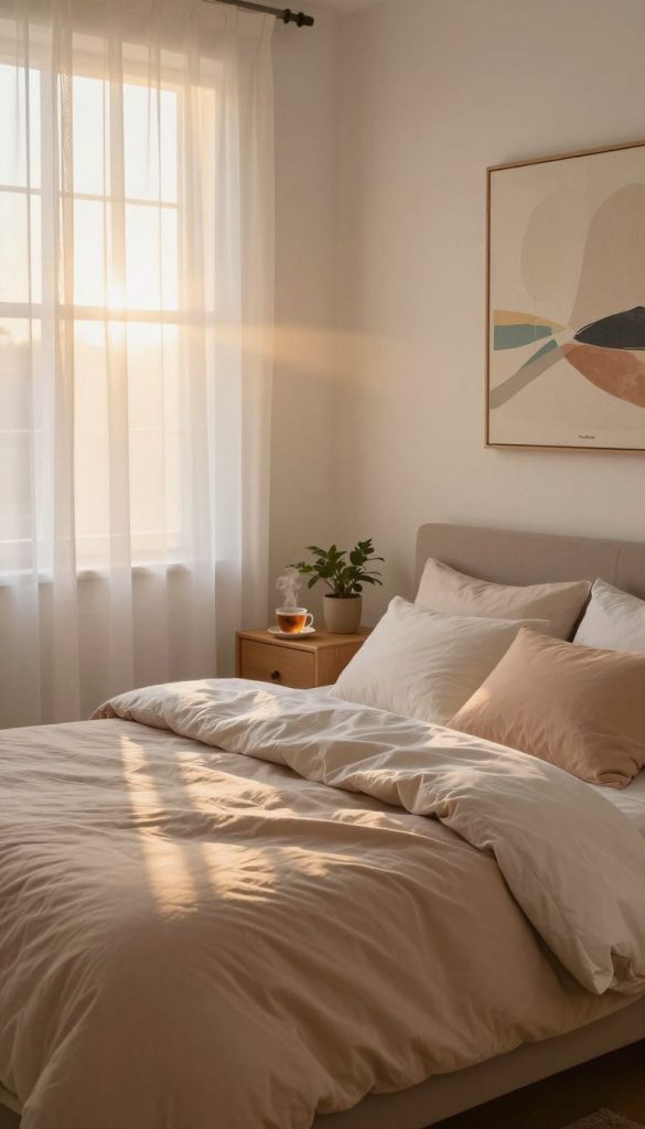 A serene bedroom scene, softly illuminated by morning sunlight filtering through sheer curtains. In the foreground, a neatly made bed with cozy, pastel-colored bedding, inviting relaxation. On one side of the bed, a stylish nightstand holds a steaming cup of herbal tea and a small potted plant, symbolizing tranquility. In the middle, a gentle sunrise casts warm golden light across the room, enhancing a peaceful atmosphere. On the wall, an abstract painting in soothing colors reflects the theme of restful sleep. The mood is calm and inspiring, emphasizing the importance of sleep quality for energized mornings. The image should embody a natural, DIY aesthetic with warm colors, reminiscent of Pinterest inspiration, reflecting the brand "KlickKiste."