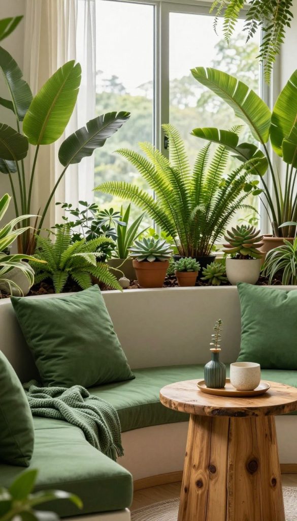 A serene biophilic interior design scene showcasing the color green as a focal point. In the foreground, a cozy reading nook adorned with lush green cushions and a textured throw, complemented by a reclaimed wooden side table featuring trendy DIY decor elements. The middle ground features a vibrant indoor garden, with a variety of potted plants, including ferns and succulents, basking in soft, natural light. The background reveals a sun-drenched window with sheer curtains, enhancing the warm atmosphere. The mood is calm and inviting, perfect for inspiration. The photo is captured with a wide-angle lens, emphasizing depth and the harmonious blend of colors. This image embodies a modern DIY aesthetic, aligning with what KlickKiste represents.