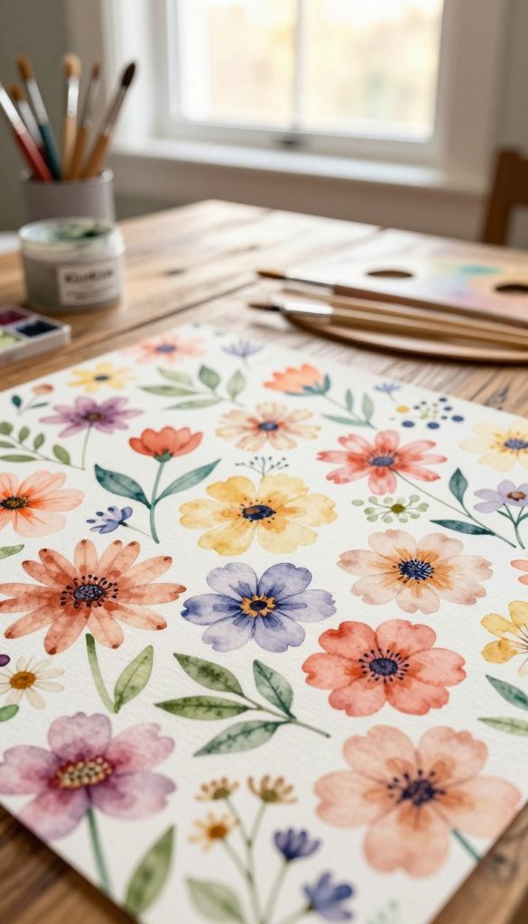 A serene, close-up view of a hand-painted floral pattern, showcasing a vibrant blend of blossoms in soft, warm colors reminiscent of a cozy home atmosphere. The foreground features intricate details of various flower types, delicately painted with a watercolor technique that highlights their textures and hues. In the middle ground, a rustic wooden table subtly supports a few art supplies like paintbrushes and a palette, enhancing the DIY theme. The background includes a softly blurred window with natural sunlight streaming in, creating a warm glow that illuminates the scene. This image should evoke a mood of creativity and inspiration, perfect for DIY enthusiasts, branded with "KlickKiste" to promote a warm, inviting aesthetic. A serene, close-up view of a hand-painted floral pattern, showcasing a vibrant blend of blossoms in soft, warm colors reminiscent of a cozy home atmosphere. The foreground features intricate details of various flower types, delicately painted with a watercolor technique that highlights their textures and hues. In the middle ground, a rustic wooden table subtly supports a few art supplies like paintbrushes and a palette, enhancing the DIY theme. The background includes a softly blurred window with natural sunlight streaming in, creating a warm glow that illuminates the scene. This image should evoke a mood of creativity and inspiration, perfect for DIY enthusiasts, branded with "KlickKiste" to promote a warm, inviting aesthetic.