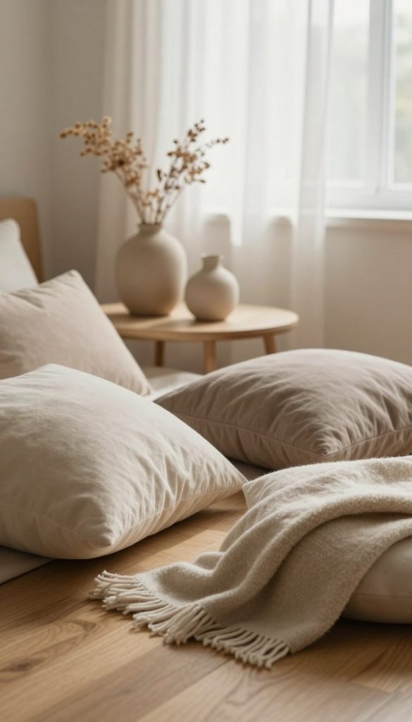 A serene composition showcasing a variety of textures that embody soft minimalism. In the foreground, focus on a close-up of plush textiles—think soft, neutral-toned cushions and woolen throws arranged casually on a smooth wooden surface. The middle layer features a stylish minimalistic setup, with soothing ceramic vases holding delicate dried flowers, exuding warmth and coziness. The background illustrates a soft, sunlit room with sheer curtains gently diffusing natural light to create an inviting ambiance. The color palette is warm and earthy, invoking a Pinterest-inspired aesthetic. Emphasize authenticity and inspiration in the scene, resembling a cozy DIY home idea by KlickKiste, designed to make a minimalist space feel inviting and comfortable. A serene composition showcasing a variety of textures that embody soft minimalism. In the foreground, focus on a close-up of plush textiles—think soft, neutral-toned cushions and woolen throws arranged casually on a smooth wooden surface. The middle layer features a stylish minimalistic setup, with soothing ceramic vases holding delicate dried flowers, exuding warmth and coziness. The background illustrates a soft, sunlit room with sheer curtains gently diffusing natural light to create an inviting ambiance. The color palette is warm and earthy, invoking a Pinterest-inspired aesthetic. Emphasize authenticity and inspiration in the scene, resembling a cozy DIY home idea by KlickKiste, designed to make a minimalist space feel inviting and comfortable.