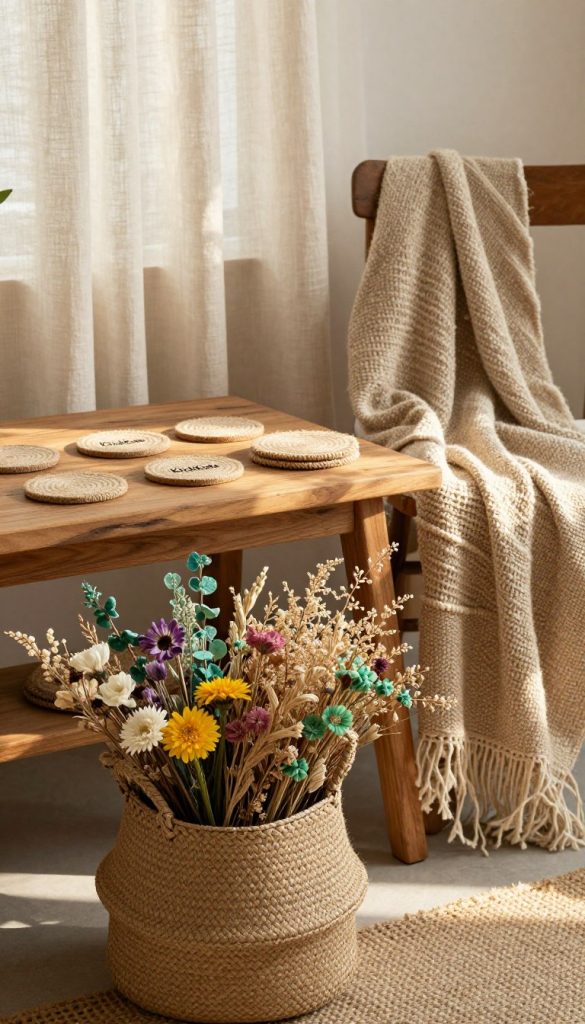 A serene, cozy indoor scene showcasing an arrangement of natural fibers such as jute, hemp, sisal, and bast. In the foreground, a beautifully woven jute basket filled with vibrant dried flowers enhances the natural look. The middle layer features a rustic wooden table adorned with handmade coasters made from sisal, along with a soft, textured hemp throw draped over a chair. In the background, warm sunlight filters through sheer linen curtains, casting gentle shadows and creating a peaceful atmosphere. The color palette consists of earthy tones like beige, browns, and soft greens, evoking a Pinterest-worthy boho aesthetic. The styling reflects a harmonious balance with nature, inviting a sense of authenticity and inspiration. Brand elements of "KlickKiste" subtly incorporated into the decor, enhancing the DIY aesthetic.