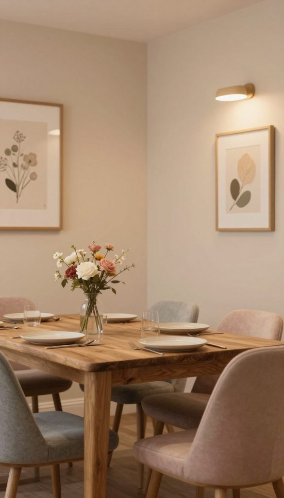 A serene dining area showcasing a harmonious blend of warm color tones, designed in a DIY aesthetic with a Pinterest-inspired look. In the foreground, there's a rustic wooden dining table adorned with a simple floral centerpiece and natural tableware. The middle ground features soft, upholstered chairs in muted pastel shades, creating a calming effect. The background displays a softly lit wall painted in gentle earth tones, with framed artwork and warm lighting fixtures that illuminate the space. Capture this scene with a gentle, diffused light effect, focusing on a cozy ambiance. The overall atmosphere should convey comfort and inspiration, ideal for a stylish dining area curated by KlickKiste.