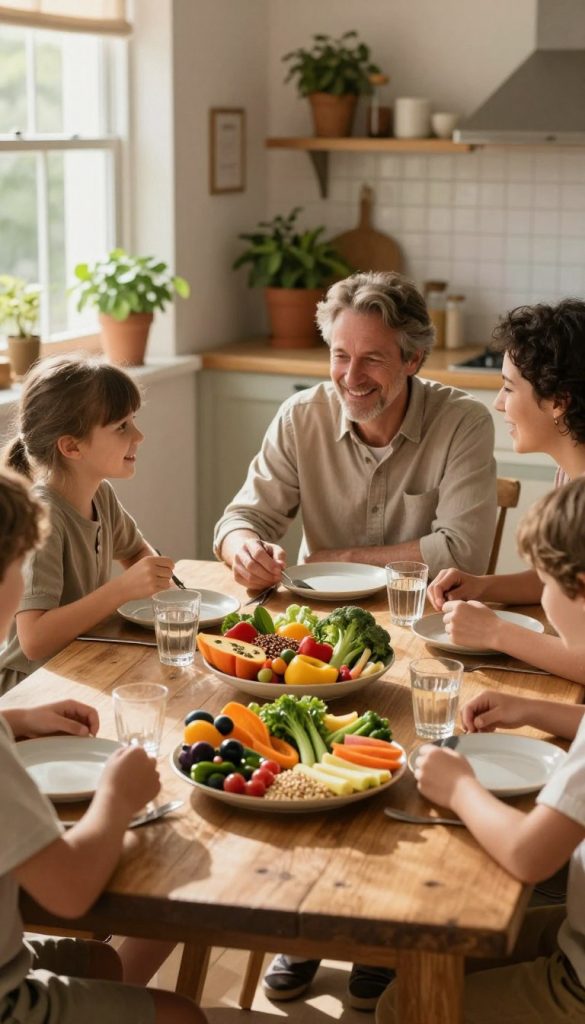 A serene dining scene focused on the concept of "mindful eating," featuring a family gathered around a rustic wooden table. In the foreground, a beautifully arranged plate of colorful, fresh foods like vibrant fruits, vegetables, and whole grains encourages a sense of connection and presence. The family, dressed in modest casual clothing, engages in conversation and laughter, fostering a warm and relaxed atmosphere. The soft, warm lighting creates a cozy ambiance, while natural sunlight filters through a nearby window, casting gentle shadows. In the background, a quaint kitchen setting adorned with potted herbs and tasteful decor enhances the feeling of homeliness. This image should be authentic and inspiring, embodying the essence of mindfulness in family dining. Brand name "KlickKiste" is subtly represented in the decor.