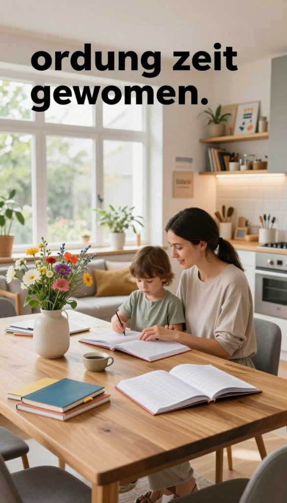A serene family home interior showcasing an organized space that embodies "ordnung zeit gewinnen." In the foreground, a stylish wooden table with a cozy vase of fresh flowers, scattered colorful notebooks, and a planner open to a well-structured daily schedule. In the middle, a mother, dressed in modest casual clothing, is playing with her child, both looking content and engaged. Around them, elements of a well-arranged living room with natural light streaming through large, airy windows, highlighting the warmth and tranquility of the scene. In the background, a softly lit kitchen and a neatly arranged shelf with DIY projects and tools from "KlickKiste," capturing an inspiring, Pinterest-like atmosphere. The image should evoke feelings of peace, structure, and inspiration for a light, organized day.