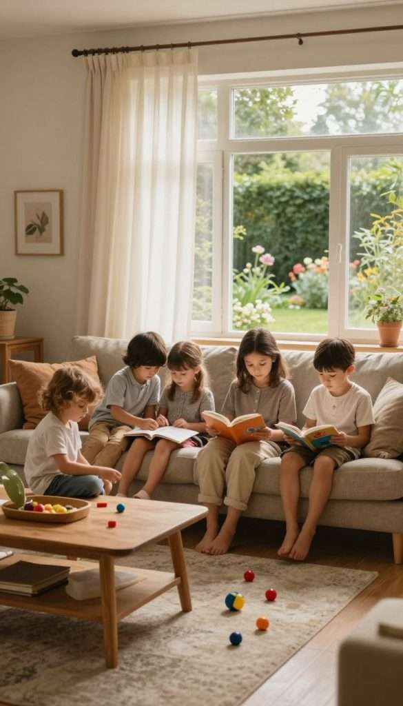 A serene family living room scene, beautifully illuminated by soft, warm light filtering through sheer curtains, creating a cozy ambiance. In the foreground, a plush sofa adorned with natural fabrics and earthy tones is accompanied by a wooden coffee table. A couple of children’s toys are placed thoughtfully on the floor, conveying a sense of a lived-in space. In the middle, a family of four, dressed in modest casual clothing, engages in peaceful activities such as reading and drawing, showcasing harmony and focus on quiet time. In the background, a large window reveals a peaceful garden with lush greenery and blooming flowers, emphasizing tranquility. The overall atmosphere is warm and inviting, reflecting the comforting, homey values of "KlickKiste" with a natural DIY aesthetic, inspiring feelings of relaxation and relief.