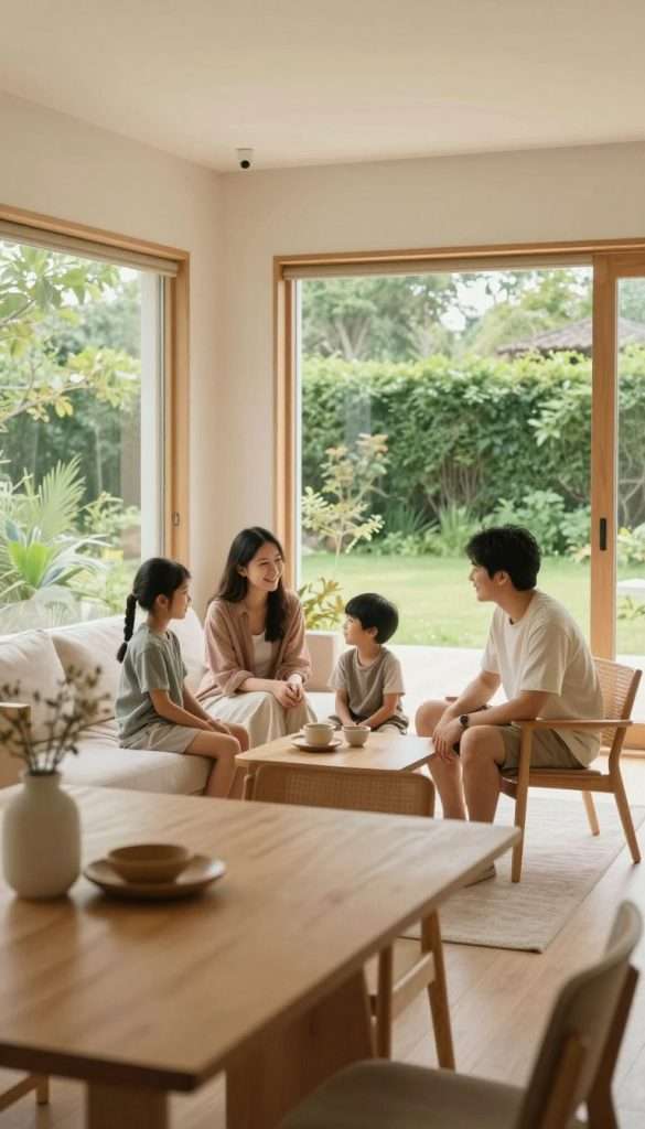 A serene family living space designed around minimalism, featuring a cozy, decluttered room with natural wooden elements and soft, warm lighting. In the foreground, a simple dining table with a few carefully chosen decorative items, conveying a sense of tranquility and purpose. In the middle ground, a family of four – parents and two children – engaging in a thoughtful conversation, all dressed in modest casual clothing, smiling and embodying connection without distraction. In the background, large windows letting in gentle natural light and a view of a lush, green garden, signifying harmony with nature. The overall atmosphere should be inviting and inspiring, with a Pinterest aesthetics influence. Create an image without any text, capturing the essence of "KlickKiste" and the mindfulness of living simply. A serene family living space designed around minimalism, featuring a cozy, decluttered room with natural wooden elements and soft, warm lighting. In the foreground, a simple dining table with a few carefully chosen decorative items, conveying a sense of tranquility and purpose. In the middle ground, a family of four – parents and two children – engaging in a thoughtful conversation, all dressed in modest casual clothing, smiling and embodying connection without distraction. In the background, large windows letting in gentle natural light and a view of a lush, green garden, signifying harmony with nature. The overall atmosphere should be inviting and inspiring, with a Pinterest aesthetics influence. Create an image without any text, capturing the essence of "KlickKiste" and the mindfulness of living simply.