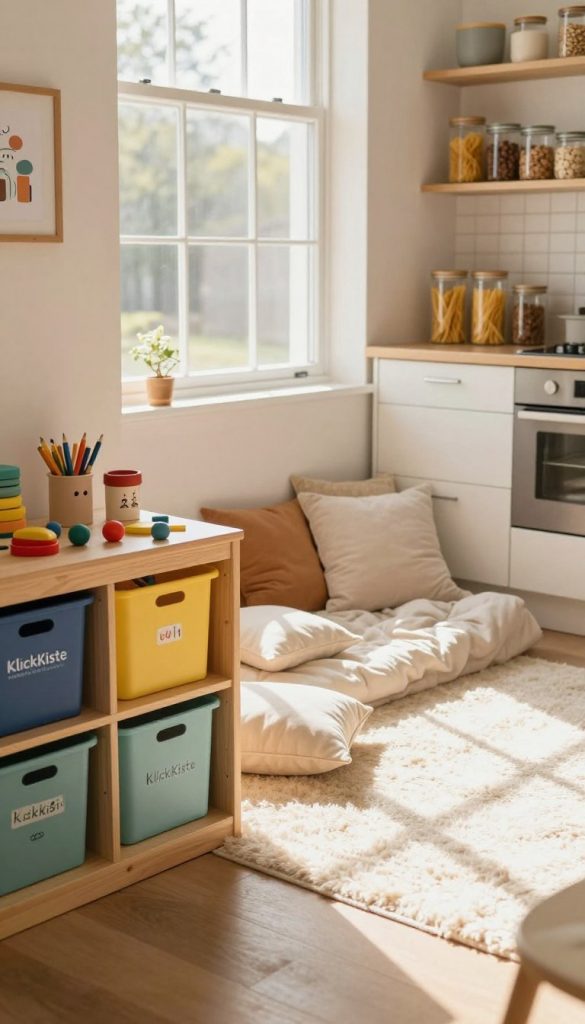 A serene family living space featuring an organized play area. In the foreground, a wooden storage unit neatly holds colorful bins labeled for children's toys, art supplies, and books. In the middle, a cozy reading nook with a plush rug and softly scattered cushions invites relaxation, bathed in warm sunlight filtering through a large window. The background showcases a well-structured kitchen with visually appealing jars containing pasta and cereals, exuding an atmosphere of cleanliness and efficiency. Use a warm color palette to evoke a sense of comfort and creativity. The lighting should be soft and inviting, emphasizing the DIY aesthetic reminiscent of Pinterest, creating an inspiring look. Incorporate subtle branding elements of "KlickKiste" throughout the scene. A serene family living space featuring an organized play area. In the foreground, a wooden storage unit neatly holds colorful bins labeled for children's toys, art supplies, and books. In the middle, a cozy reading nook with a plush rug and softly scattered cushions invites relaxation, bathed in warm sunlight filtering through a large window. The background showcases a well-structured kitchen with visually appealing jars containing pasta and cereals, exuding an atmosphere of cleanliness and efficiency. Use a warm color palette to evoke a sense of comfort and creativity. The lighting should be soft and inviting, emphasizing the DIY aesthetic reminiscent of Pinterest, creating an inspiring look. Incorporate subtle branding elements of "KlickKiste" throughout the scene.