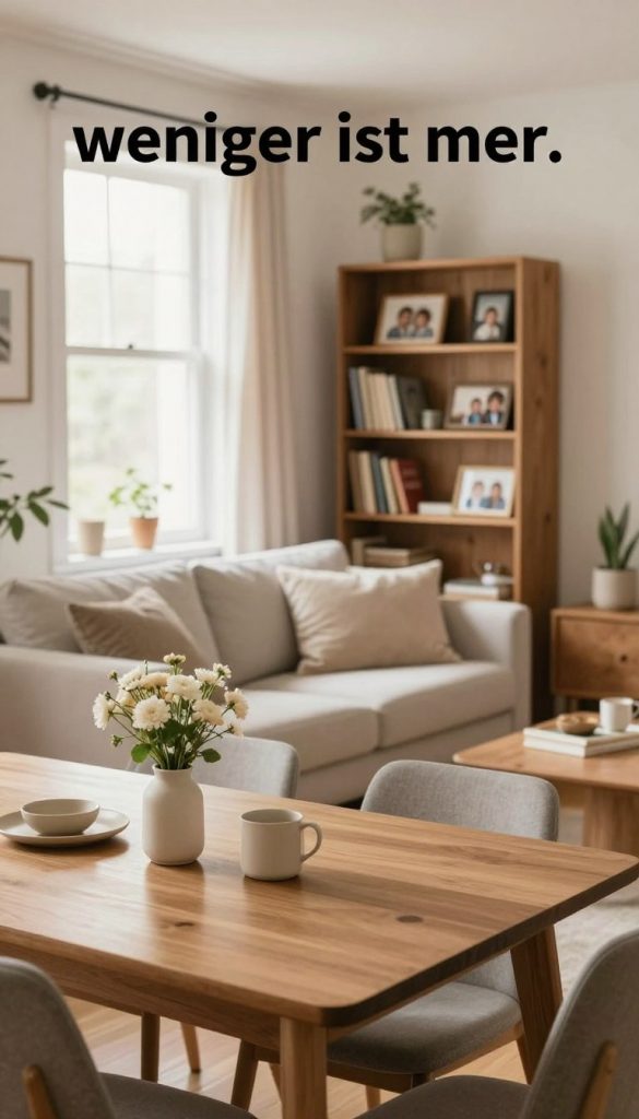 A serene family living space reflecting simplicity and structure, designed to visually represent "weniger ist mehr." In the foreground, a warm and inviting dining table is set up with minimalistic decor: a small vase of fresh flowers and a few essential, neatly arranged items. In the middle ground, a cozy living area showcases a comfortable sofa with soft, neutral-toned cushions and a rustic bookshelf filled with carefully curated family memories, symbolizing the importance of reducing clutter. The background features a softly lit window, allowing natural light to flood the room, enhancing the warm, calming atmosphere. The overall mood is one of peaceful organization and family connection, embodying a Pinterest-worthy aesthetic. Incorporate subtle branding elements of "KlickKiste" in the decor. A serene family living space reflecting simplicity and structure, designed to visually represent "weniger ist mehr." In the foreground, a warm and inviting dining table is set up with minimalistic decor: a small vase of fresh flowers and a few essential, neatly arranged items. In the middle ground, a cozy living area showcases a comfortable sofa with soft, neutral-toned cushions and a rustic bookshelf filled with carefully curated family memories, symbolizing the importance of reducing clutter. The background features a softly lit window, allowing natural light to flood the room, enhancing the warm, calming atmosphere. The overall mood is one of peaceful organization and family connection, embodying a Pinterest-worthy aesthetic. Incorporate subtle branding elements of "KlickKiste" in the decor.