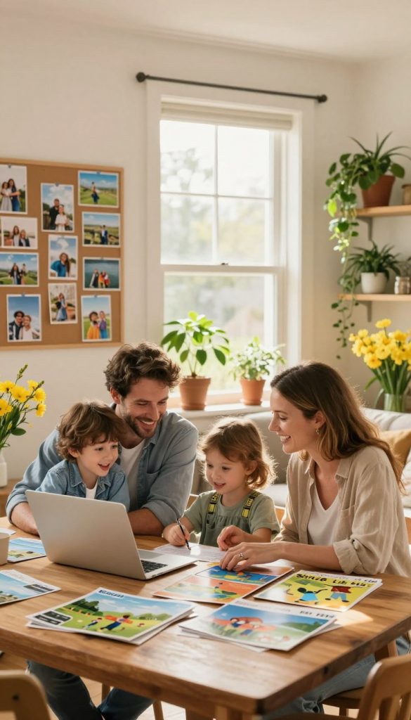 A serene family planning a spring vacation in a cozy, sunlit living room. In the foreground, a friendly father and mother are seated at a wooden table, surrounded by colorful travel brochures and a laptop, with their two children excitedly discussing destinations. The middle view shows a large window with soft natural light flooding the room, casting warm golden hues. Behind them, a beautifully arranged inspiration board showcases pictures of family-friendly destinations. Lush green plants and vibrant yellow flowers are placed around the room, enhancing the atmosphere of warmth and joy. The scene should evoke a sense of anticipation and enthusiasm for the family trip, representing the warmth of spring and the spirit of adventure. The overall look should be authentic and Pinterest-inspired, reflecting the brand "KlickKiste".