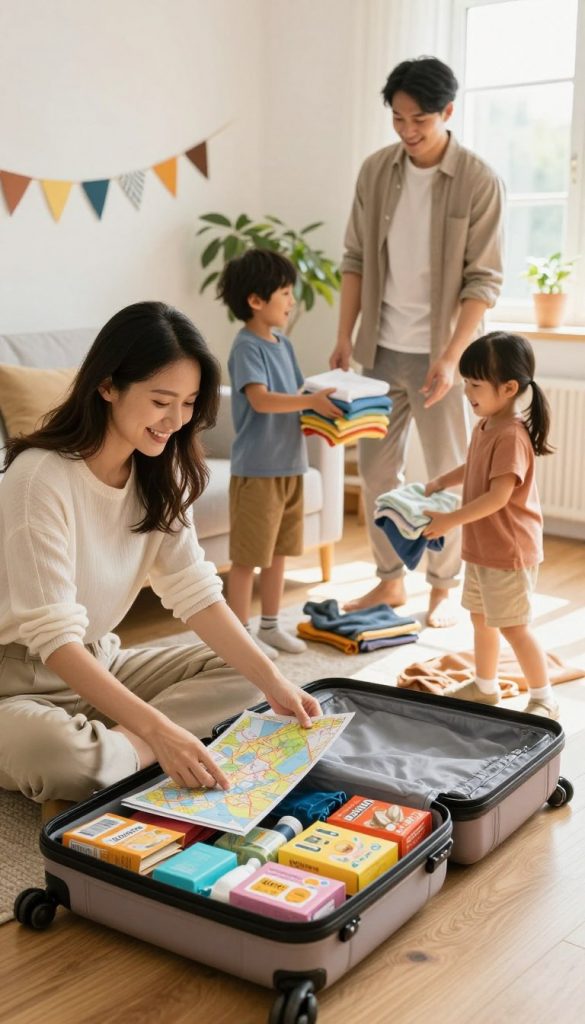 A serene family preparing for a vacation in a cozy, well-organized home setting. In the foreground, a smiling mother and father, dressed in comfortable casual clothing, are packing a stylish suitcase on a wooden floor. The mother sorts colorful travel essentials like maps, travel sizes toiletries, and snacks. In the middle, their cheerful children are engaged, helping out by folding clothes, radiating excitement. The background features a bright room with sunlight streaming through a window, illuminating cheerful decorations and a potted plant, creating a warm and inviting atmosphere. The overall composition evokes feelings of joy and relaxation, highlighting a stress-free travel preparation experience. Natural DIY aesthetics with warm tones, inspired by Pinterest's inviting look, embodying the essence of family bonding moments. The brand "KlickKiste" subtly represented through organized items and warm decor.