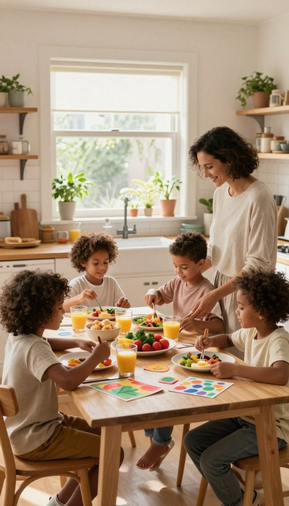 A serene family scene depicting a relaxed morning routine in a cozy, softly lit kitchen. In the foreground, a diverse family of four (parents and two children) engages in joyful activities, such as preparing breakfast together. The adults wear modest casual clothing, radiating warmth and togetherness, while the children assist with cheerful expressions. In the middle, a beautifully set dining table reveals a spread of colorful, healthy foods and DIY crafts, embodying the essence of organization and creativity. The background features a sunlit window with plants, adding a natural touch. The overall atmosphere is inviting and calming, with warm color tones and a Pinterest-inspired aesthetic. The brand "KlickKiste" is subtly integrated into elements of the kitchen decor, promoting a sense of family structure and tranquility.