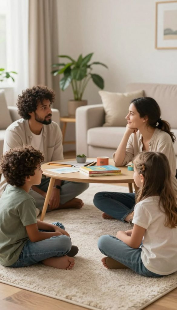 A serene family scene depicting mindful communication and emotional connection. In the foreground, a diverse family of four sits together on a cozy rug in a warmly lit living room, engaging in an open discussion. The parents, dressed in modest casual clothing, exhibit empathetic expressions, fostering an atmosphere of understanding. The children, a boy and a girl, are actively participating, their faces reflecting curiosity and trust. In the middle ground, a soft coffee table with art supplies and mindfulness books symbolizes their commitment to growth. The background features a nurturing environment with plants and gentle lighting, suggesting a harmonious and safe space. The overall mood is warm and inviting, conveying connection and compassion in a way that inspires mindfulness in parenting. The image should evoke warmth and authenticity, fitting for the brand "KlickKiste".