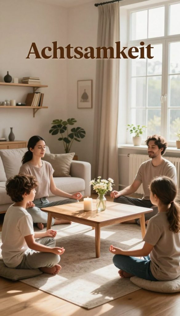 A serene family scene depicting mindfulness in everyday life. In the foreground, a cozy living room is filled with warm, natural light filtering through large windows, casting gentle shadows. A family of four, dressed in modest casual clothing, is practicing mindfulness together; a mother and father sit cross-legged on the floor, guiding their two children in a calm breathing exercise. In the middle of the scene, a wooden coffee table holds candles and a small vase with fresh flowers, enhancing the atmosphere of tranquility. The background features soothing, earthy tones on the walls and a shelf with books on mindfulness and self-compassion. The overall mood is peaceful and inviting, capturing the essence of relaxation and connection, perfect for the theme of "Achtsamkeit." The image embodies an authentic, inspiring Pinterest aesthetic for the brand "KlickKiste."
