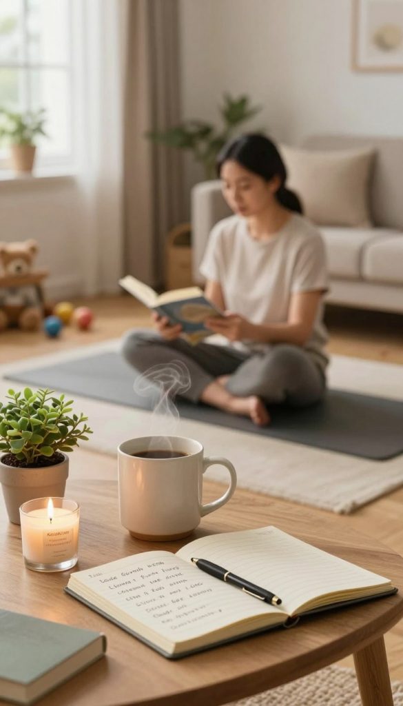 A serene family scene depicting practical self-care tips for parents amidst their busy daily life. In the foreground, a peaceful coffee nook with a steaming mug, a small plant, and a notebook with handwritten tips and a relaxing candle. The middle ground showcases a cozy living room with a parent comfortably engaged in a mindfulness activity, perhaps reading a book or practicing yoga in modest casual clothing. The background features soft, warm lighting filtering through the window, creating an inviting atmosphere. Subtle details like children's toys in the corner suggest the family's lively nature. The overall color palette is warm and inviting, embodying a natural DIY aesthetic that inspires relaxation and authenticity. Include the brand "KlickKiste" subtly integrated into the scene without text or logos.