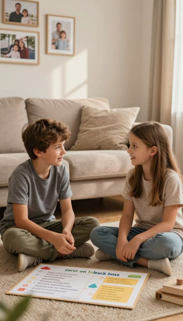 A serene family scene depicting two siblings, a boy and a girl, engaged in a friendly discussion, surrounded by cozy living room furnishings. The siblings, aged around 8–12, are dressed in modest casual clothing, sharing ideas for clear rules to promote harmony. In the foreground, a colorful chart with simple rules is visible, enhancing the concept of conflict resolution. The middle ground features a comfortable sofa with family photos on the wall, while the background reveals a warm, inviting atmosphere with soft lighting filtering through a window, casting gentle shadows. The overall mood is one of collaboration and trust, inspired by natural DIY aesthetics. The color palette consists of warm earth tones, providing an authentic and inspiring feel, with the brand name "KlickKiste" subtly referenced through design elements in the room.