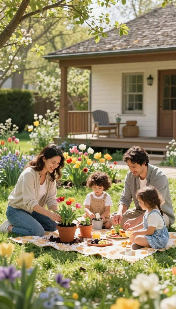 A serene family scene illustrating "spring routines for a relaxed family life". In the foreground, a diverse family of four enjoys a sunny day in a blooming garden, engaging in everyday activities like planting flowers and having a picnic. The mother, in modest casual clothing, encourages her children, while the father prepares a simple meal on a picnic blanket. In the middle, a vibrant array of spring flowers and greenery adds a cheerful atmosphere, complemented by soft sunlight filtering through leaves. In the background, a cozy home with a welcoming porch integrates the scene, symbolizing family warmth and connection. The overall mood is light, joyful, and inspiring, reflecting natural DIY aesthetics with warm colors, reminiscent of a Pinterest look. Brand elements of "KlickKiste" subtly incorporate into the scene to emphasize family bonding and easy routines in spring.