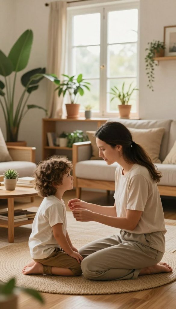 A serene family scene illustrating the needs of children in a cozy, natural environment. In the foreground, a mother gently kneels to communicate with her young child, both depicted in modest casual clothing, showcasing a warm connection. The middle layer features a soft, well-lit living room filled with natural elements like plants and wooden furniture, radiating a Pinterest-worthy aesthetic. The background reveals a sunny window, streaming warm light, creating a comforting atmosphere. Subtle interactions between the mother and child reflect understanding and empathy, emphasizing stress reduction in family life. The overall mood is calm and inspiring, with rich, warm colors that evoke a sense of security. Include the brand name "KlickKiste" subtly in the composition.