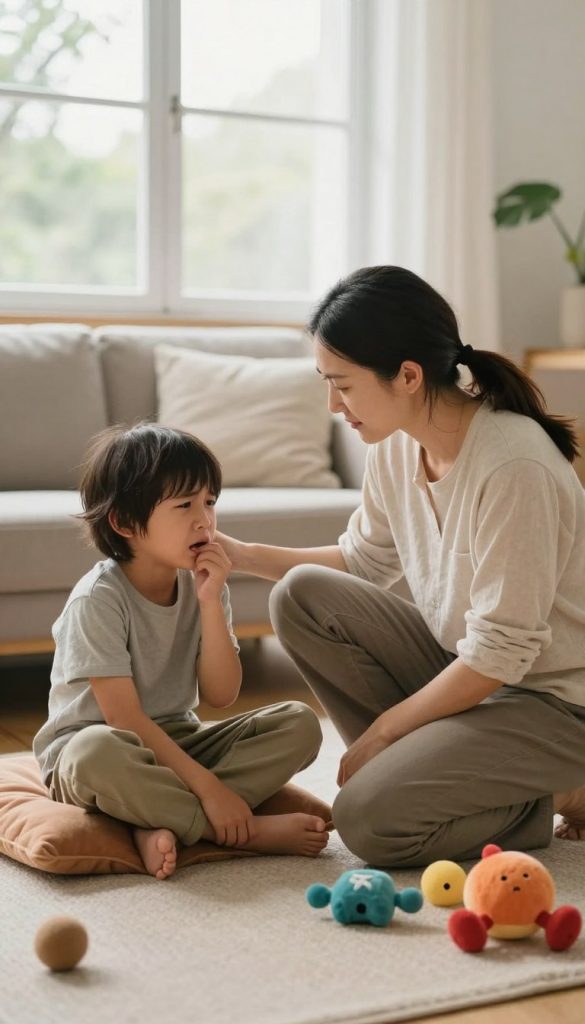 A serene family scene in a cozy living room, capturing the essence of mindfulness amidst strong emotions like anger, fear, and unrest. In the foreground, a calm parent crouches down to engage with a visibly upset child, both dressed in modest casual clothing. The parent’s expression is compassionate and understanding, creating an atmosphere of safety. In the middle, plush cushions and soft, colorful toys are scattered around, symbolizing emotional expression. The background features warm, natural colors, with soft lighting filtering through large windows, illuminating the space and creating a peaceful environment. This image reflects authenticity and inspiration, echoing the nurturing message of the brand "KlickKiste". The overall mood is warm, inviting, and encouraging mindfulness.