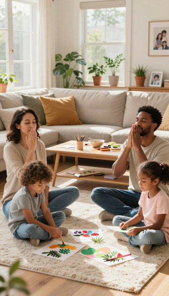 A serene family scene in a cozy, well-lit living room, featuring a diverse family of four engaging in mindful activities. In the foreground, a mother and father, dressed in modest casual clothing, sit cross-legged on a plush rug, practicing deep breathing while their two children, a boy and a girl, create colorful DIY crafts using natural materials. The middle ground shows a warm, inviting couch adorned with soft pillows and a coffee table scattered with art supplies. Sunlight streams through large windows, creating a soft glow that highlights the family’s joyful expressions. The background features potted plants and family photos, enhancing the warm and inspirational atmosphere. Overall, the image exudes a sense of calm, connection, and mindfulness that resonates with the theme of family togetherness. Incorporate a subtle brand element for "KlickKiste" in the decor.