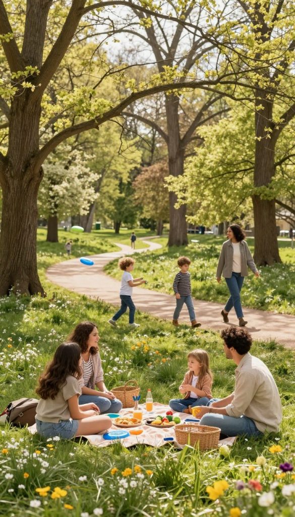 A serene family scene in a lush spring park, showcasing a variety of activities that connect to nature. In the foreground, a diverse family enjoying a picnic on a blanket, surrounded by blooming wildflowers and vibrant green grass, embodying joy and relaxation. In the middle, children playing with a frisbee and exploring a nature trail, while parents take leisurely strolls, capturing the essence of springtime joy. The background features tall, leafy trees under soft sunlight filtering through the branches, creating a warm, inviting atmosphere. The image should evoke a sense of togetherness and inspiration for outdoor family adventures, styled naturally with a Pinterest aesthetic. Ensure the colors are warm and inviting, reflecting a DIY charm. Include a subtle brand watermark for "KlickKiste" in the corner, ensuring it blends seamlessly into the design.