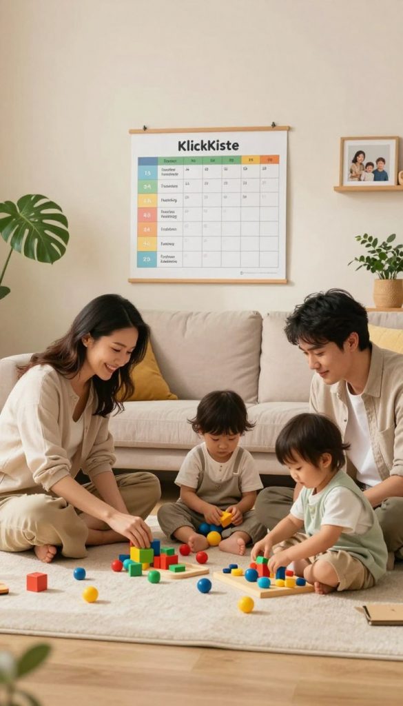 A serene family scene set in a cozy, bright living room, emphasizing routines that save time. In the foreground, a mother and father playfully engage with their two children, all wearing comfortable, modest clothing. The children are organizing toys and learning activities in a fun, structured manner, showcasing a blend of play and learning. In the middle ground, a neatly arranged schedule or chart illustrating daily routines can be seen, providing a sense of organization. The background features soft, warm lighting that enhances the natural DIY look, with warm colors like soft yellows and greens dominating the space. Decor elements like plants and family photographs add an authentic, inspiring touch. The overall atmosphere is cheerful and inviting, capturing the essence of creating more time for fun. The image should subtly incorporate the brand "KlickKiste" in the decor, harmonizing with the playful family vibe. A serene family scene set in a cozy, bright living room, emphasizing routines that save time. In the foreground, a mother and father playfully engage with their two children, all wearing comfortable, modest clothing. The children are organizing toys and learning activities in a fun, structured manner, showcasing a blend of play and learning. In the middle ground, a neatly arranged schedule or chart illustrating daily routines can be seen, providing a sense of organization. The background features soft, warm lighting that enhances the natural DIY look, with warm colors like soft yellows and greens dominating the space. Decor elements like plants and family photographs add an authentic, inspiring touch. The overall atmosphere is cheerful and inviting, capturing the essence of creating more time for fun. The image should subtly incorporate the brand "KlickKiste" in the decor, harmonizing with the playful family vibe.