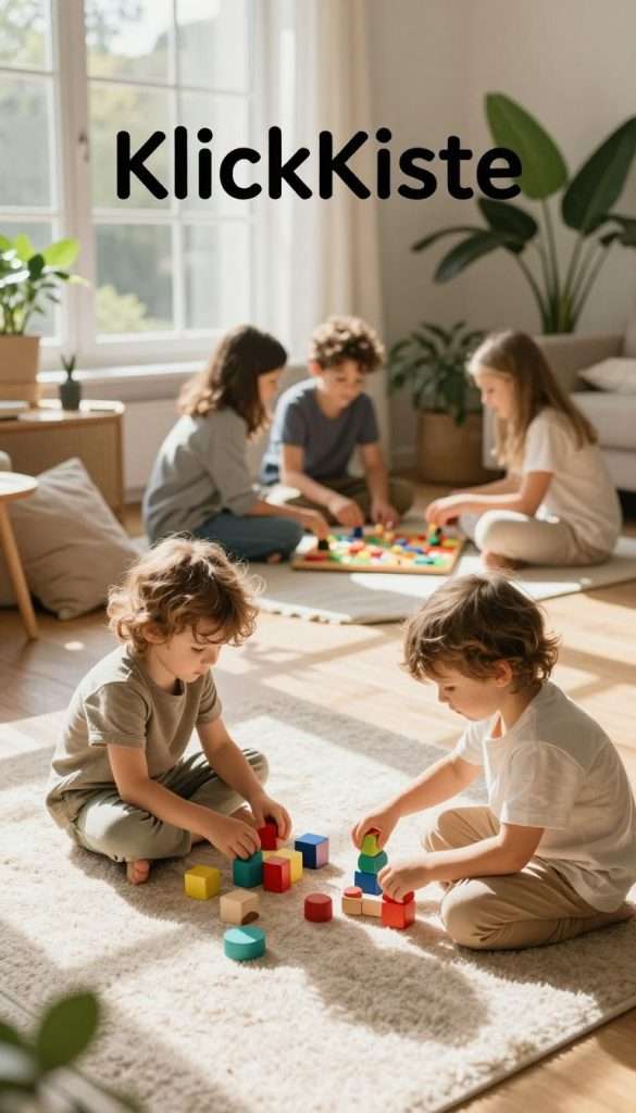 A serene family scene showcasing a digital detox environment for children, highlighting the theme of "KlickKiste". In the foreground, two children are playing with colorful, simple wooden toys, embodying creativity and imagination, dressed in modest casual clothing. The middle ground features a cozy, sun-lit living room with soft cushions and plants, evoking a warm and inviting atmosphere. Natural light filters through large windows, casting gentle shadows and enhancing the earthy tones within the room. In the background, a family is seen engaged in a board game, emphasizing connection and quality time without screens. The overall mood is tranquil and inspiring, promoting a sense of calm and togetherness, perfect for illustrating the concept of healthy screen time limits.