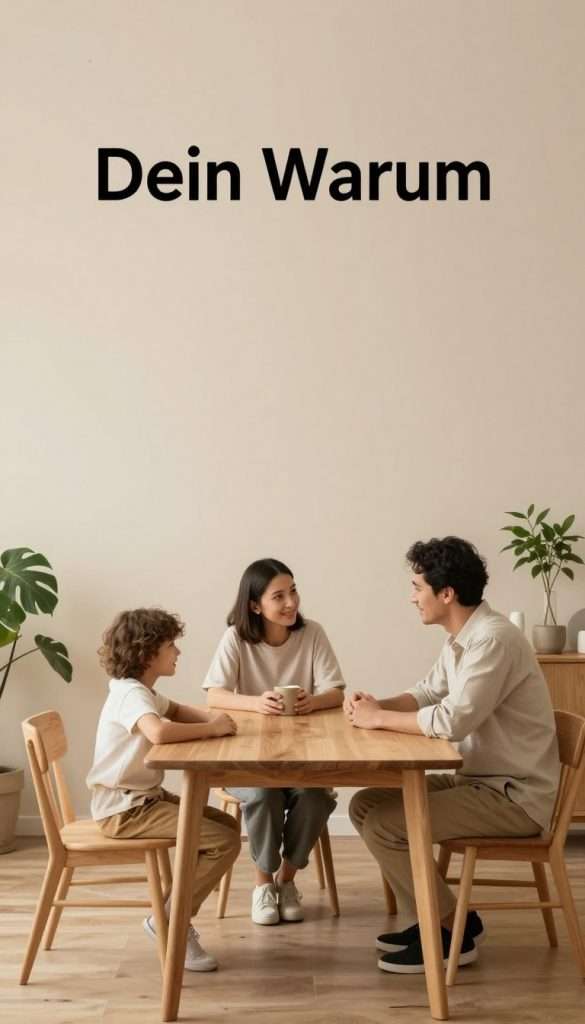 A serene family scene showcasing a minimalistic home environment that embodies the concept of "Dein Warum." In the foreground, a family—parents and two children—are gathered around a simple yet elegant wooden table, engaging in a meaningful conversation about their priorities. The parents are dressed in smart, casual attire, radiating warmth and connection. In the middle ground, the home features soft, natural lighting that highlights warm colors across the walls and minimal furnishings, creating an inviting yet uncluttered atmosphere. The background displays a few natural elements, like green plants and decorative items, reinforcing a DIY aesthetic reminiscent of Pinterest inspiration. The overall mood is calm and reflective, emphasizing the beauty of a minimalistic lifestyle. Include the brand "KlickKiste" subtly, as part of the decor, enhancing the theme without overpowering the scene.