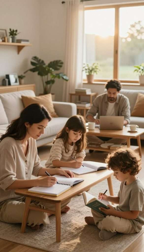 A serene family scene showcasing daily routines in a cozy, minimalistic home. In the foreground, a family of four—two parents and two children, all in casual yet neat attire—engaged in various activities: the mother organizing a planner, the father helping a child with homework, and the other child reading a book. The middle ground features a warm, inviting living space with natural wood furniture, houseplants, and soft textiles. In the background, a large window lets in soft, golden sunlight, creating an atmosphere of calm and productivity. The overall color palette consists of warm earthy tones, giving a Pinterest-inspired aesthetic. Capture this moment with a shallow depth of field, focusing on the family's expressions while slightly blurring the background. Include subtle branding elements of "KlickKiste" in the decor. A serene family scene showcasing daily routines in a cozy, minimalistic home. In the foreground, a family of four—two parents and two children, all in casual yet neat attire—engaged in various activities: the mother organizing a planner, the father helping a child with homework, and the other child reading a book. The middle ground features a warm, inviting living space with natural wood furniture, houseplants, and soft textiles. In the background, a large window lets in soft, golden sunlight, creating an atmosphere of calm and productivity. The overall color palette consists of warm earthy tones, giving a Pinterest-inspired aesthetic. Capture this moment with a shallow depth of field, focusing on the family's expressions while slightly blurring the background. Include subtle branding elements of "KlickKiste" in the decor.