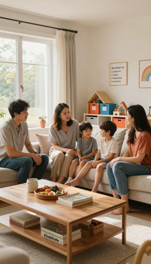 A serene family space showcasing clear boundaries and rules, featuring a warm, inviting living room with soft, natural light streaming through large windows. In the foreground, a beautifully arranged coffee table with DIY decor elements, adding a Pinterest-like aesthetic. In the middle ground, a family sitting together, engaged in a calm discussion, dressed in modest, casual clothing, exuding a sense of peace and collaboration. The background reveals a cozy child’s play area neatly organized with colorful storage boxes labeled with rules, symbolizing structure and security. The overall atmosphere is warm and inspiring, highlighting the importance of boundaries in family life, with a touch of authenticity and creativity that reflects the essence of "KlickKiste."